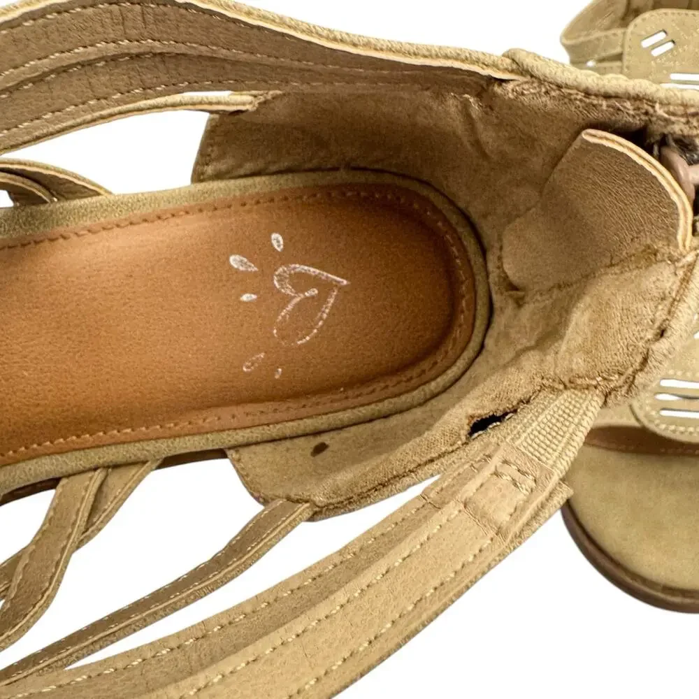 Justice Tan Western Faux Leather Metallic Strappy Block Low Heel Sandals 8 Girls